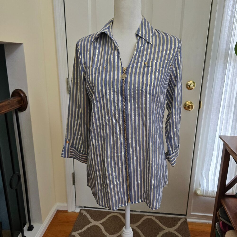NWT Anne Klein Women's Striped Gold Metallic Top Blouse Size XS